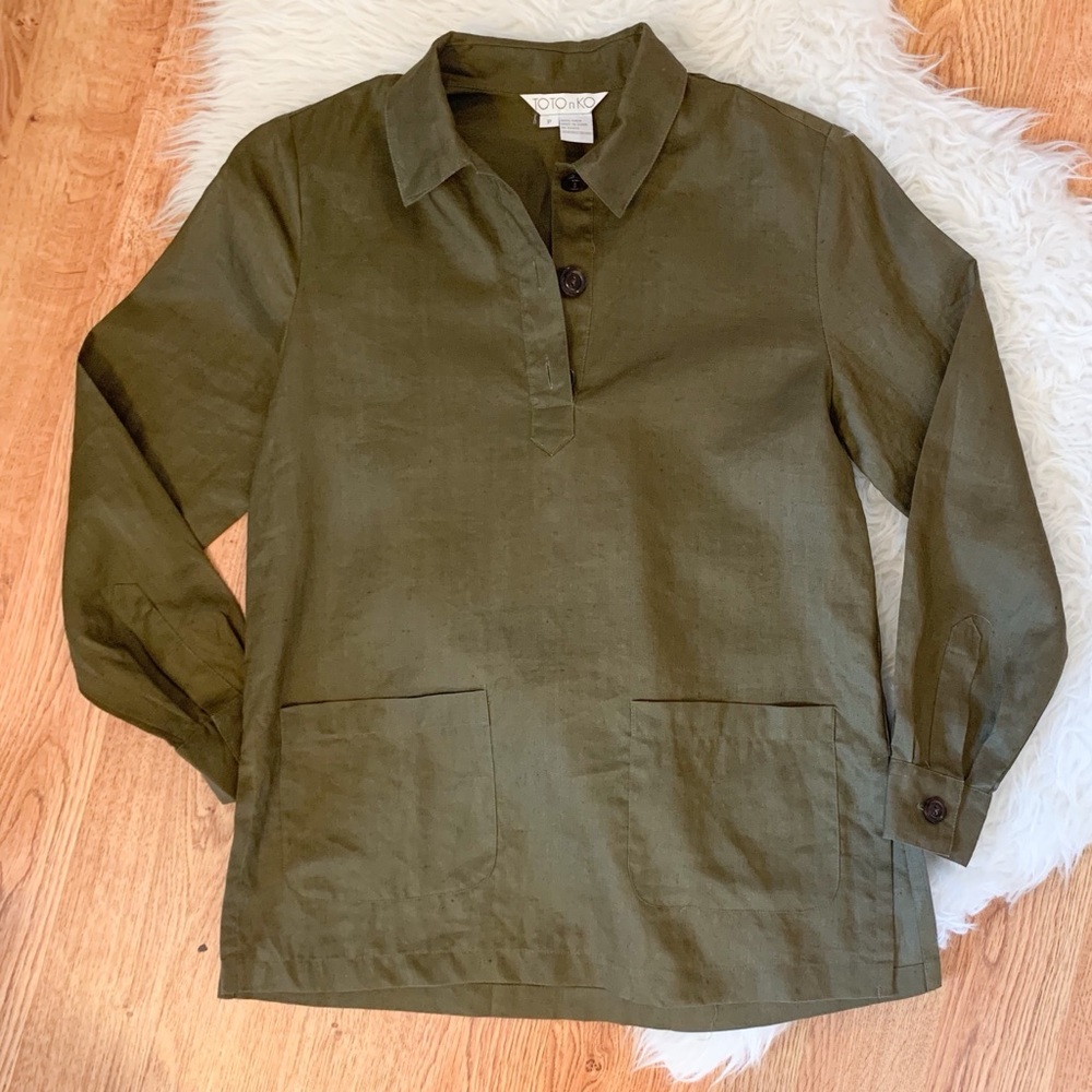 90s Vintage 100% Linen Olive Blouse Tunic Small